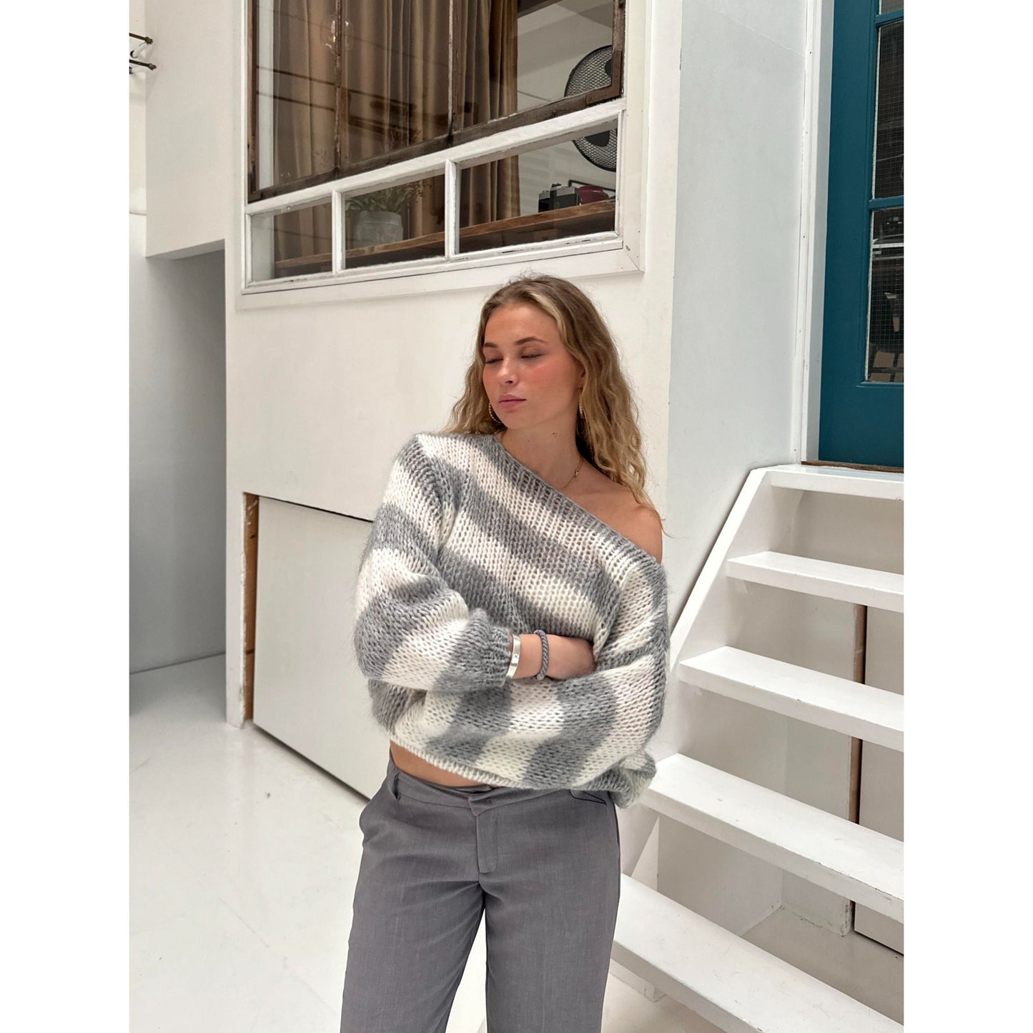 Women's Off-Shoulder Sweater | Striped Knit